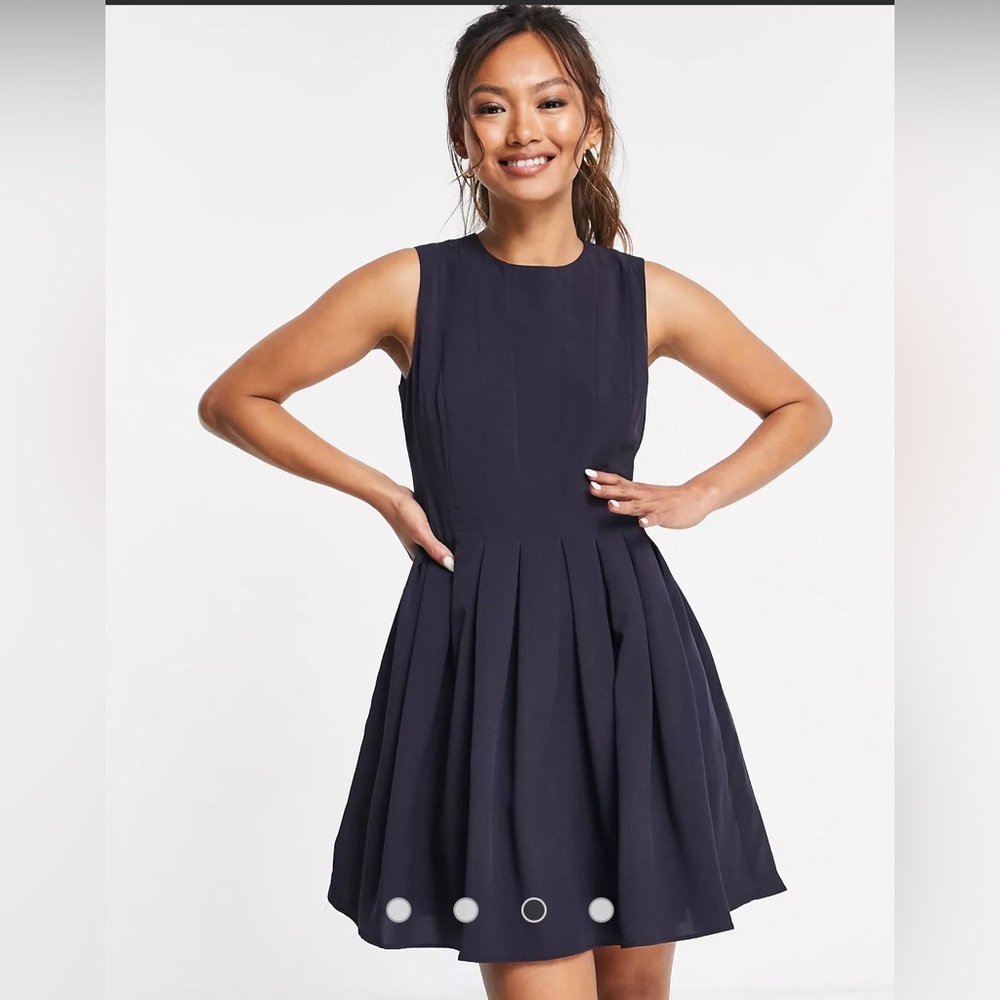 French Connection Adina mini skater dress with pleats in utility blue - US 8